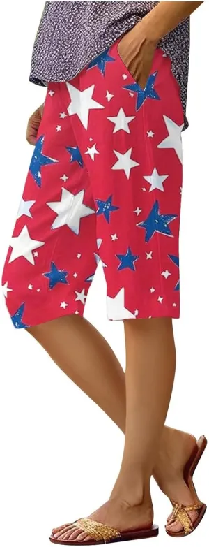 4th of July Linen Pants Women 2025 Summer Patriotic Cotton Linen Capri Shorts Lightweight American Flag Short Pants