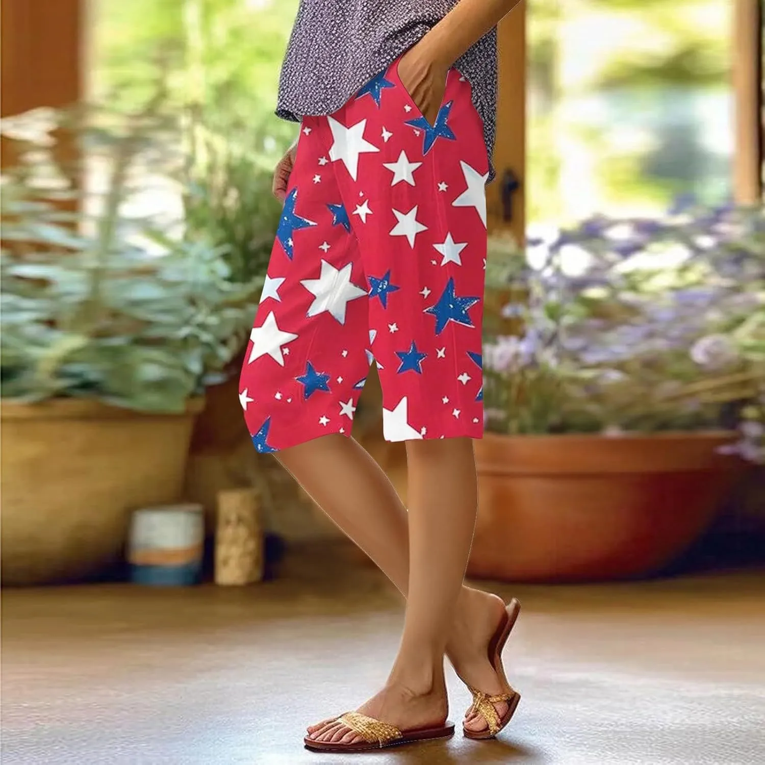 4th of July Linen Pants Women 2025 Summer Patriotic Cotton Linen Capri Shorts Lightweight American Flag Short Pants