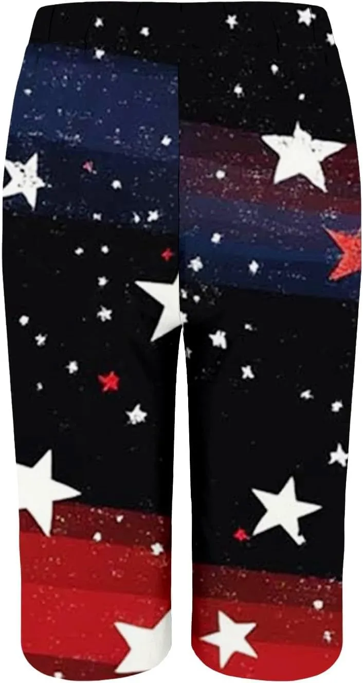 4th of July Linen Shorts for Women Knee Length Patriotic Bermuda Shorts Summer Casual Loose Beach Pants with Pockets