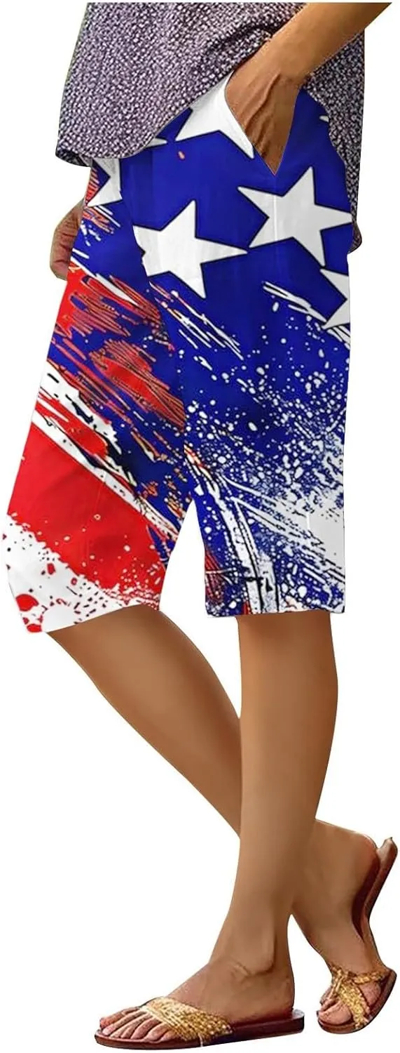 4th of July Linen Shorts for Women Knee Length Patriotic Bermuda Shorts Summer Casual Loose Beach Pants with Pockets
