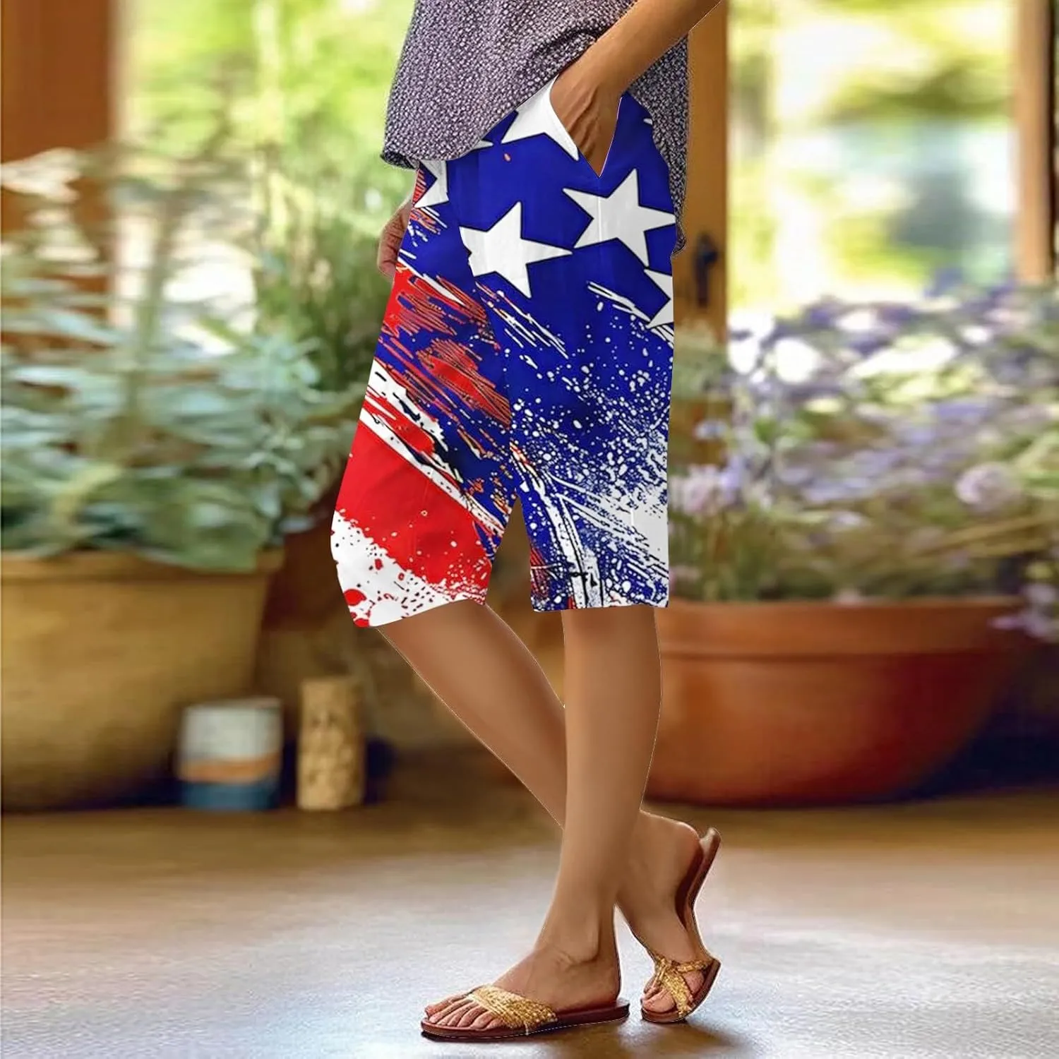 4th of July Linen Shorts for Women Knee Length Patriotic Bermuda Shorts Summer Casual Loose Beach Pants with Pockets