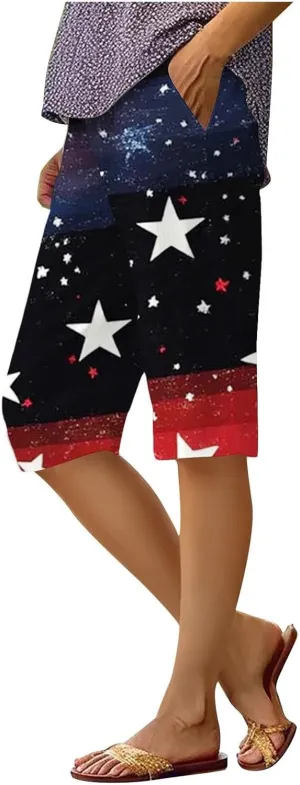 4th of July Linen Shorts for Women Knee Length Patriotic Bermuda Shorts Summer Casual Loose Beach Pants with Pockets