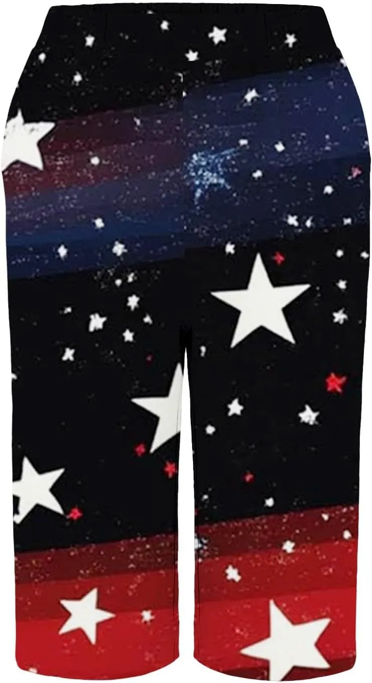 4th of July Linen Shorts for Women Knee Length Patriotic Bermuda Shorts Summer Casual Loose Beach Pants with Pockets