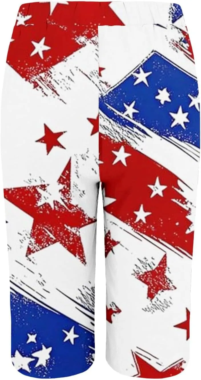 4th of July Linen Shorts for Women Knee Length Patriotic Bermuda Shorts Summer Casual Loose Beach Pants with Pockets