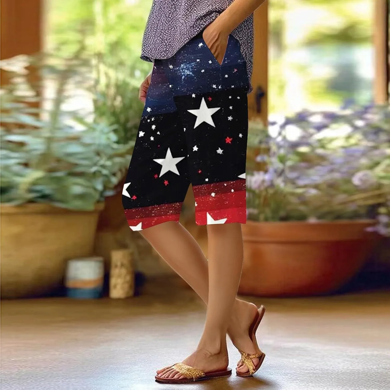 4th of July Linen Shorts for Women Knee Length Patriotic Bermuda Shorts Summer Casual Loose Beach Pants with Pockets