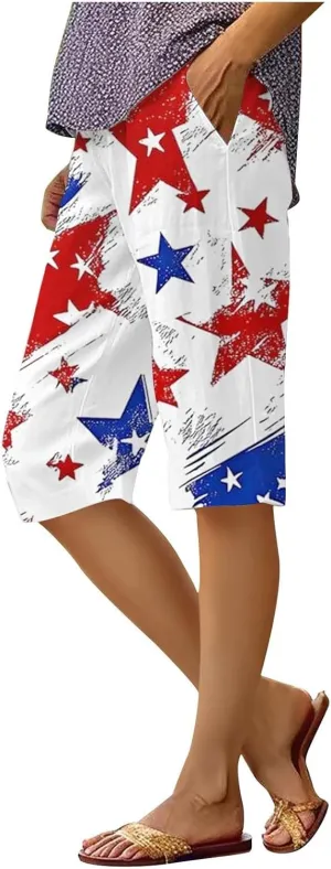 4th of July Linen Shorts for Women Knee Length Patriotic Bermuda Shorts Summer Casual Loose Beach Pants with Pockets