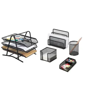 5 In 1 Desk Organizer Table Set Pen Stationery Holder Stand & Letter Tray 3 Story Tier Metal Mesh Set Of 5