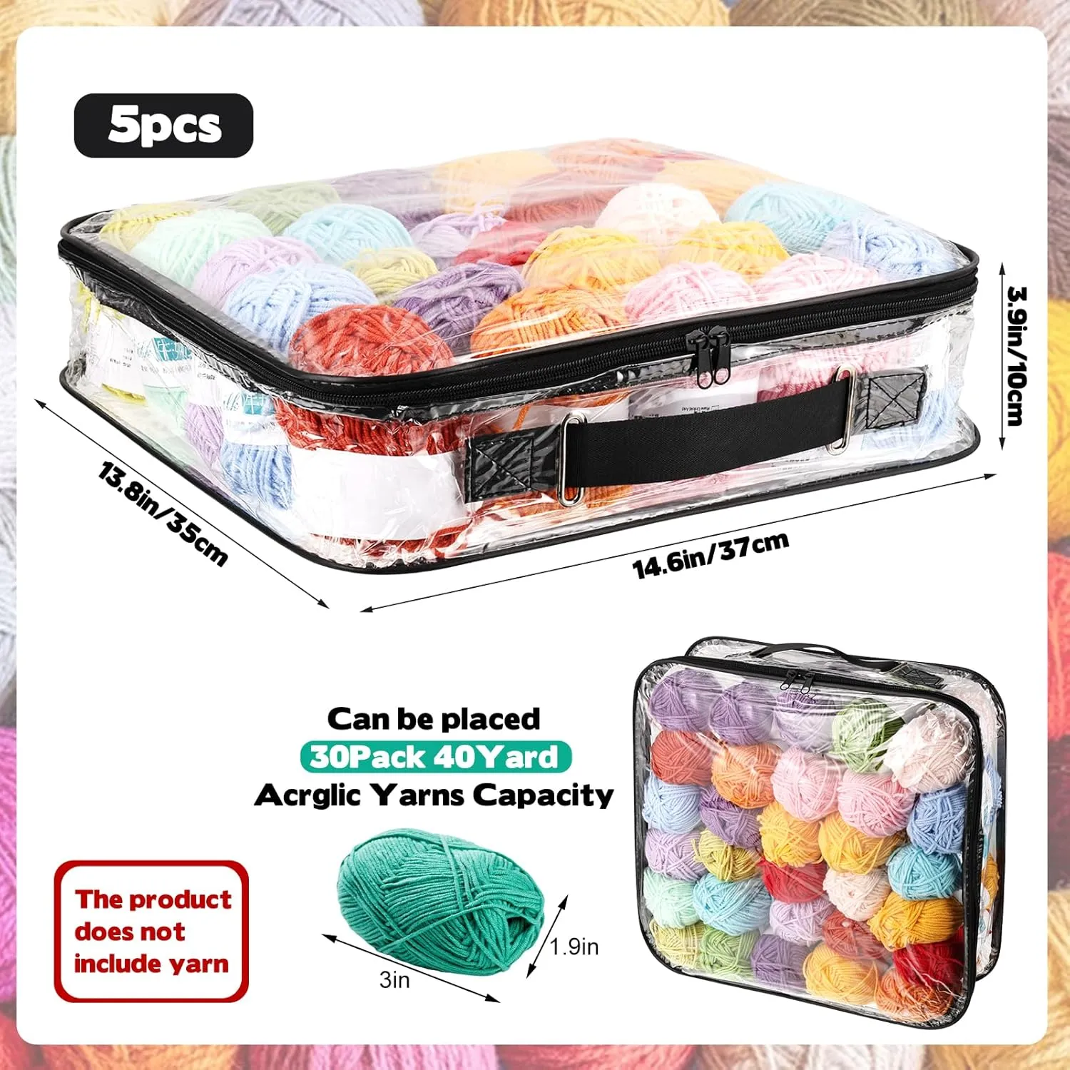 5 Pack Clear Yarn Storage Bags, 14x15x4 Inches Yarn Storage Organizer Tote Bag for Knitting Needles Crochet Hooks Yarn Balls Yarn and Unfinished Project