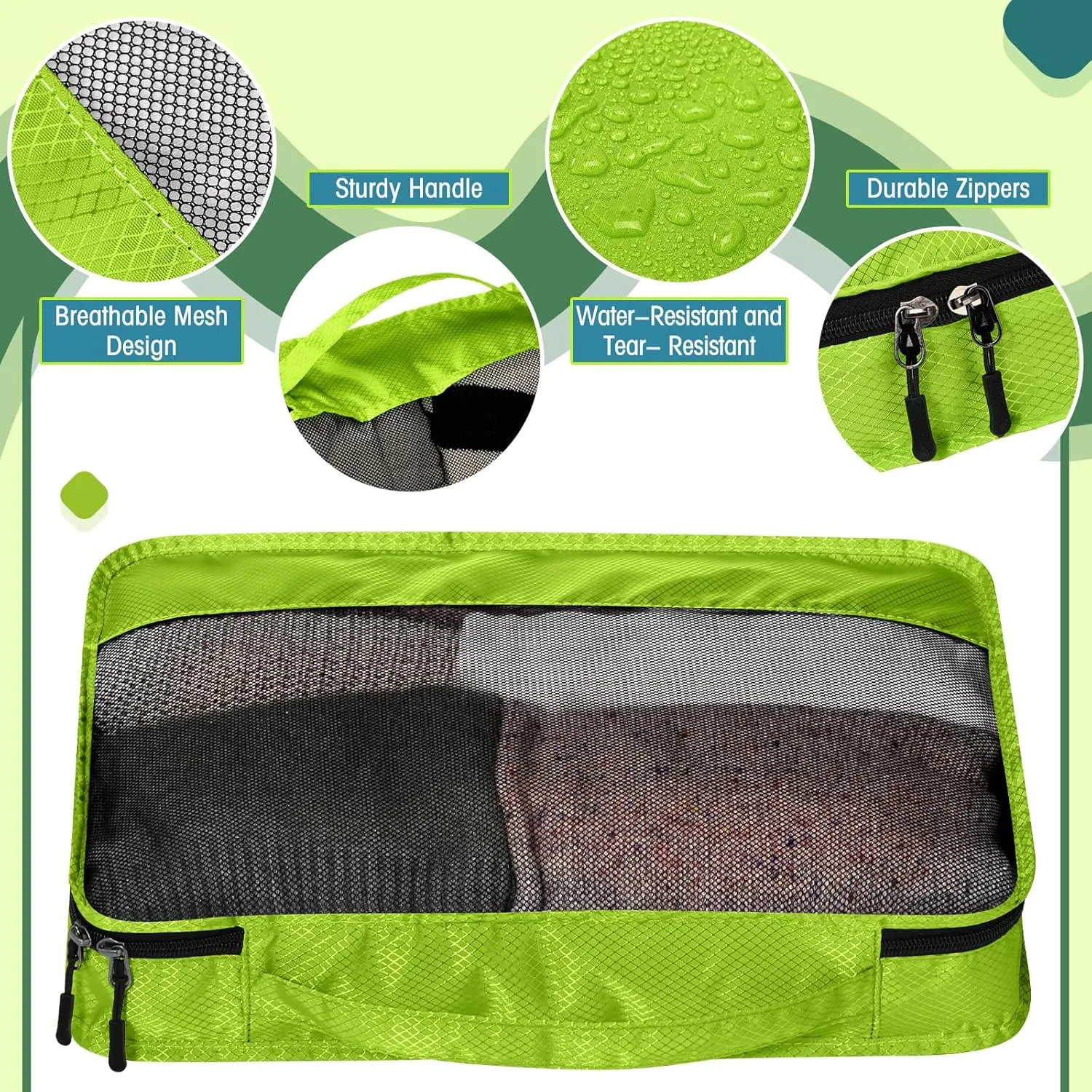 5 Pcs Packing Cubes for Suitcase Large Travel Cubes Carry on Luggage Organizer Bags for Clothes Accessories(L,Green)