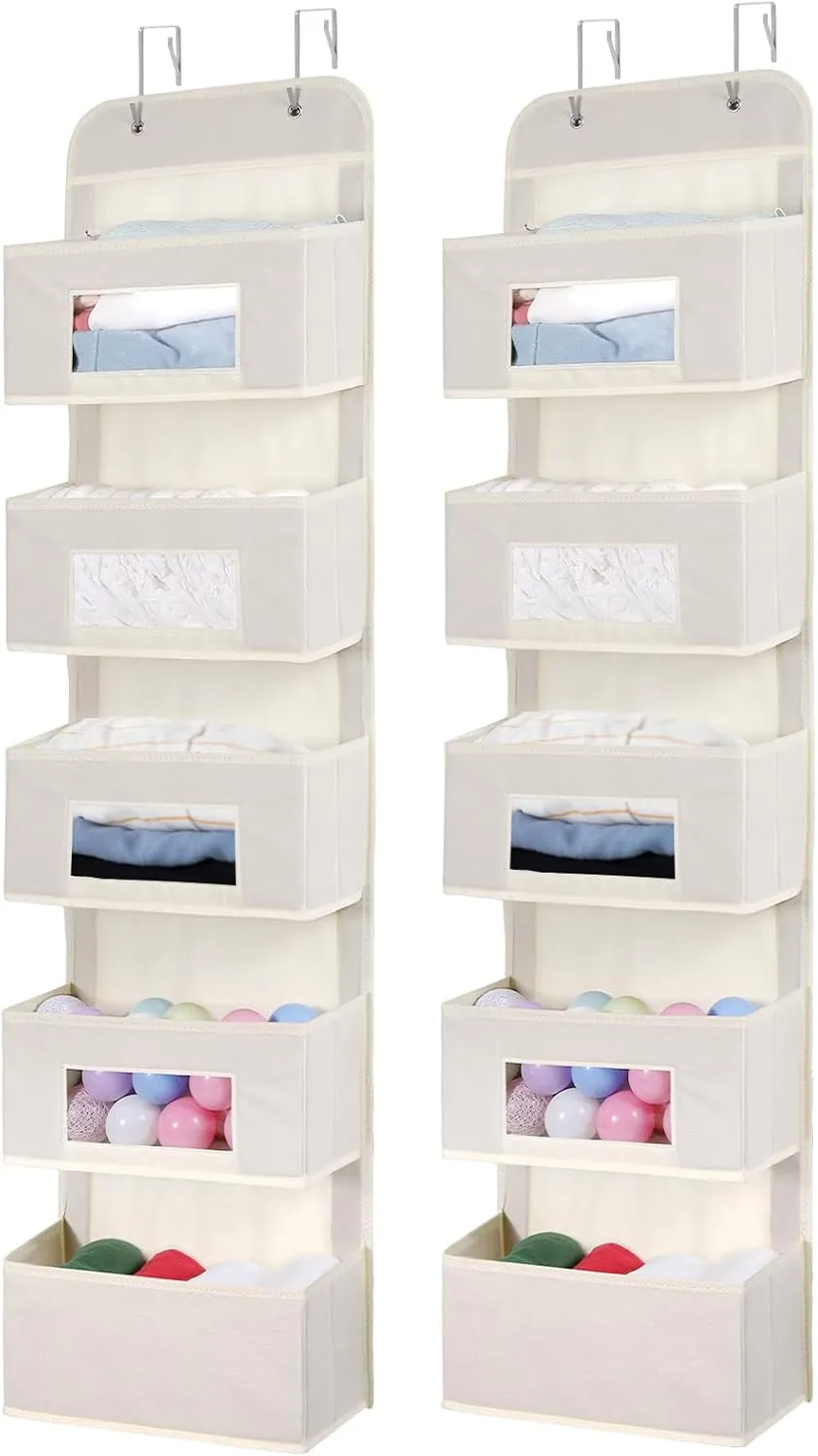 5-Shelf Over The Door Hanging Organizer with 2 Metal Hooks，5 Pocket Over The Door Wall Mount Storage with Clear Windows for Baby Nursery Bathroom Closet,Bedroom,Dorm(Beige-2 Pack)