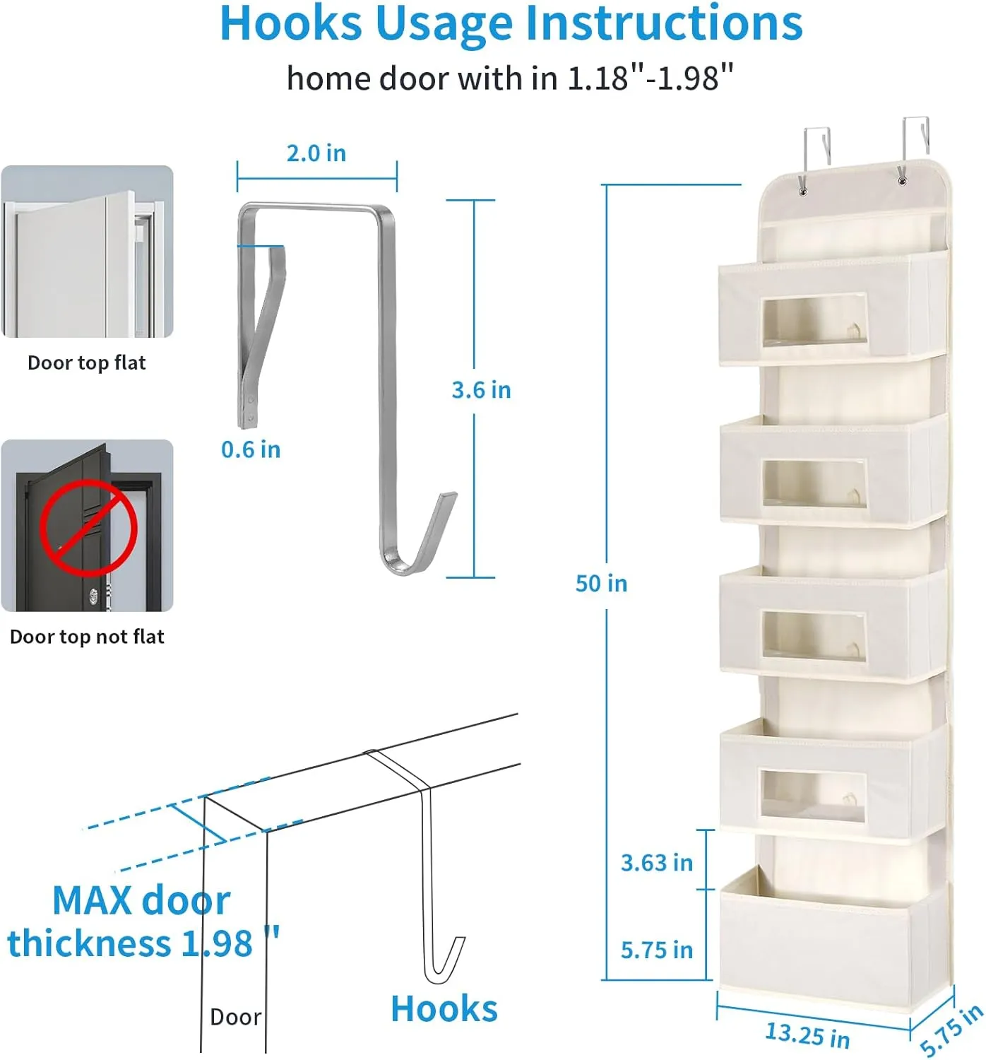 5-Shelf Over The Door Hanging Organizer with 2 Metal Hooks，5 Pocket Over The Door Wall Mount Storage with Clear Windows for Baby Nursery Bathroom Closet,Bedroom,Dorm(Beige-2 Pack)