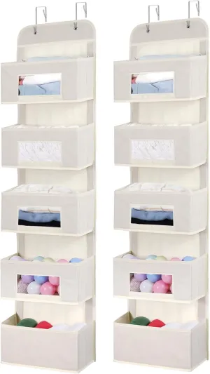 5-Shelf Over The Door Hanging Organizer with 2 Metal Hooks，5 Pocket Over The Door Wall Mount Storage with Clear Windows for Baby Nursery Bathroom Closet,Bedroom,Dorm(Beige-2 Pack)