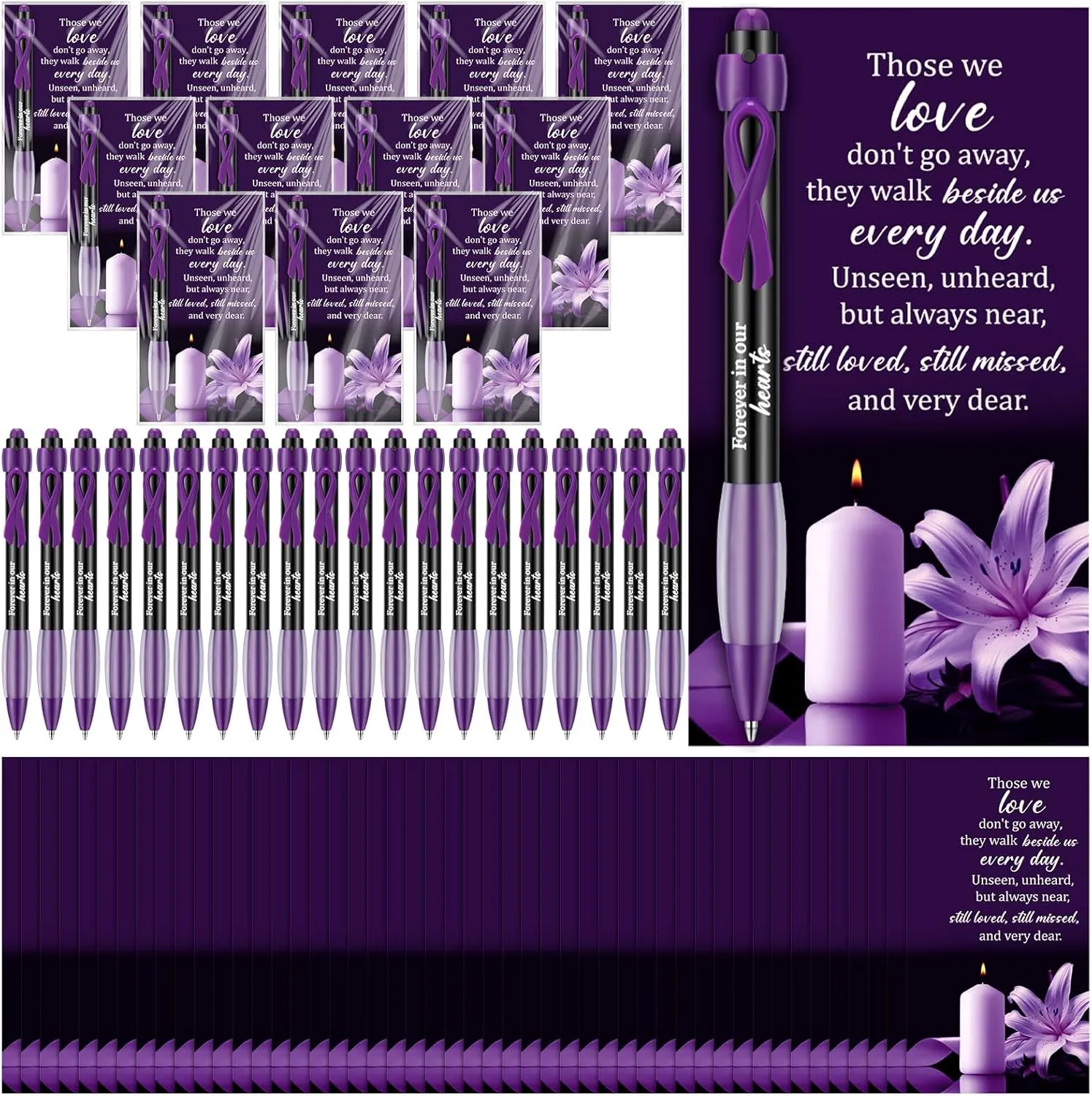 60 Set Memorial Funeral Favor for Guest Thank You Set - 60 Funeral Ballpoints and Prayer Cards, 100 Bags & Twist Ties, Sympathy Gift for a Memorial Service Purple Ribbon Awareness(Purple)
