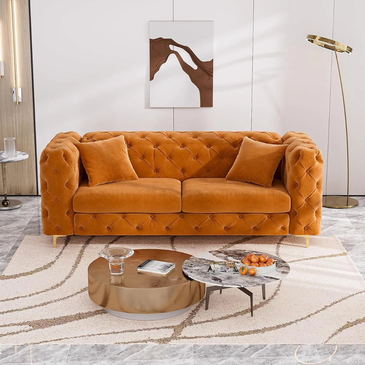 75" Sofa Couch Mid Century Modern Velvet Couch Tufted Button Sofa High Armrest & Metal Gold Legs Luxury Chesterfield Decor with 2 Piilows Comfy Loveseat for Living Room, 2PCS Orange