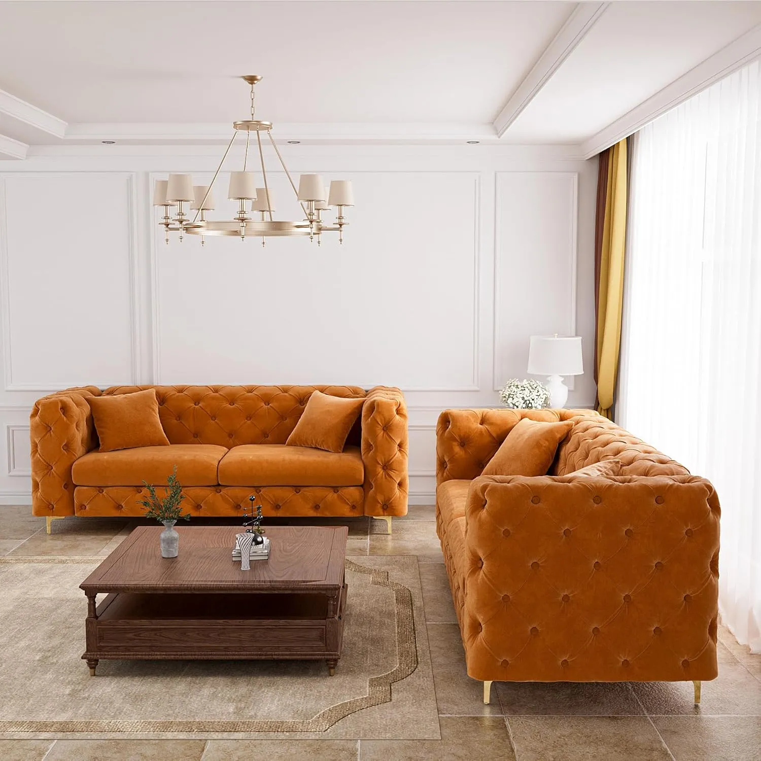75" Sofa Couch Mid Century Modern Velvet Couch Tufted Button Sofa High Armrest & Metal Gold Legs Luxury Chesterfield Decor with 2 Piilows Comfy Loveseat for Living Room, 2PCS Orange