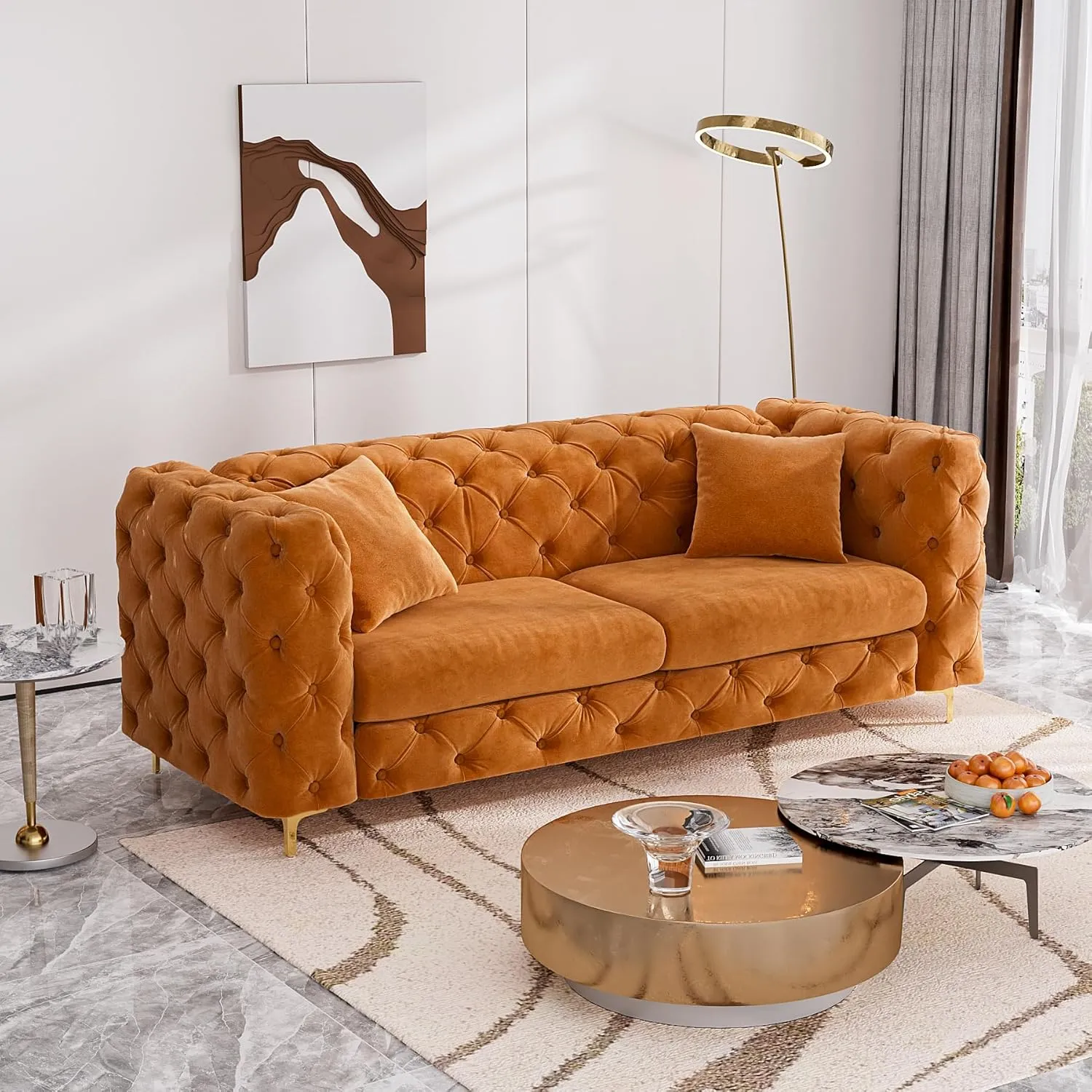 75" Sofa Couch Mid Century Modern Velvet Couch Tufted Button Sofa High Armrest & Metal Gold Legs Luxury Chesterfield Decor with 2 Piilows Comfy Loveseat for Living Room, 2PCS Orange