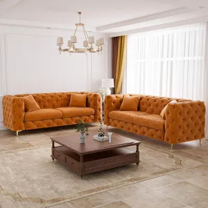 75" Sofa Couch Mid Century Modern Velvet Couch Tufted Button Sofa High Armrest & Metal Gold Legs Luxury Chesterfield Decor with 2 Piilows Comfy Loveseat for Living Room, 2PCS Orange