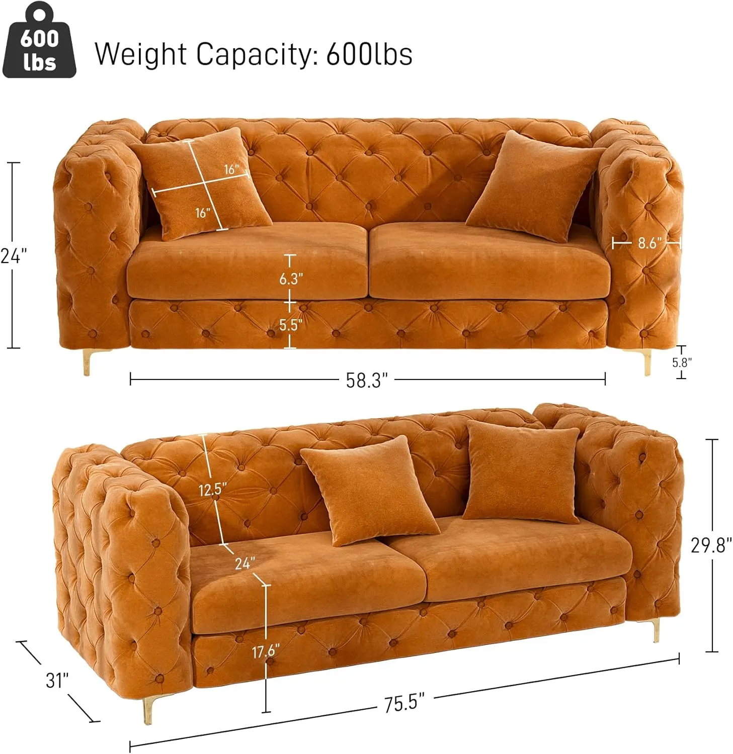 75" Sofa Couch Mid Century Modern Velvet Couch Tufted Button Sofa High Armrest & Metal Gold Legs Luxury Chesterfield Decor with 2 Piilows Comfy Loveseat for Living Room, 2PCS Orange