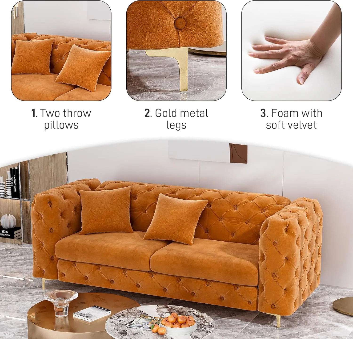 75" Sofa Couch Mid Century Modern Velvet Couch Tufted Button Sofa High Armrest & Metal Gold Legs Luxury Chesterfield Decor with 2 Piilows Comfy Loveseat for Living Room, 2PCS Orange