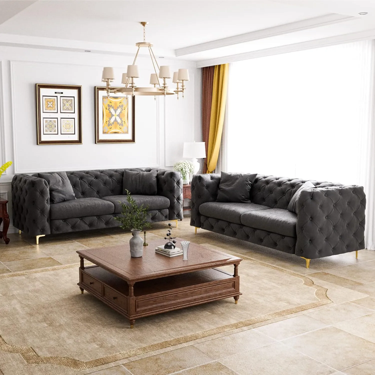 75" Sofa Couch Mid Century Modern Velvet Couch Tufted Button Sofa High Armrest & Metal Gold Legs Luxury Chesterfield Decor with 2 Piilows Comfy Loveseat for Living Room, Black
