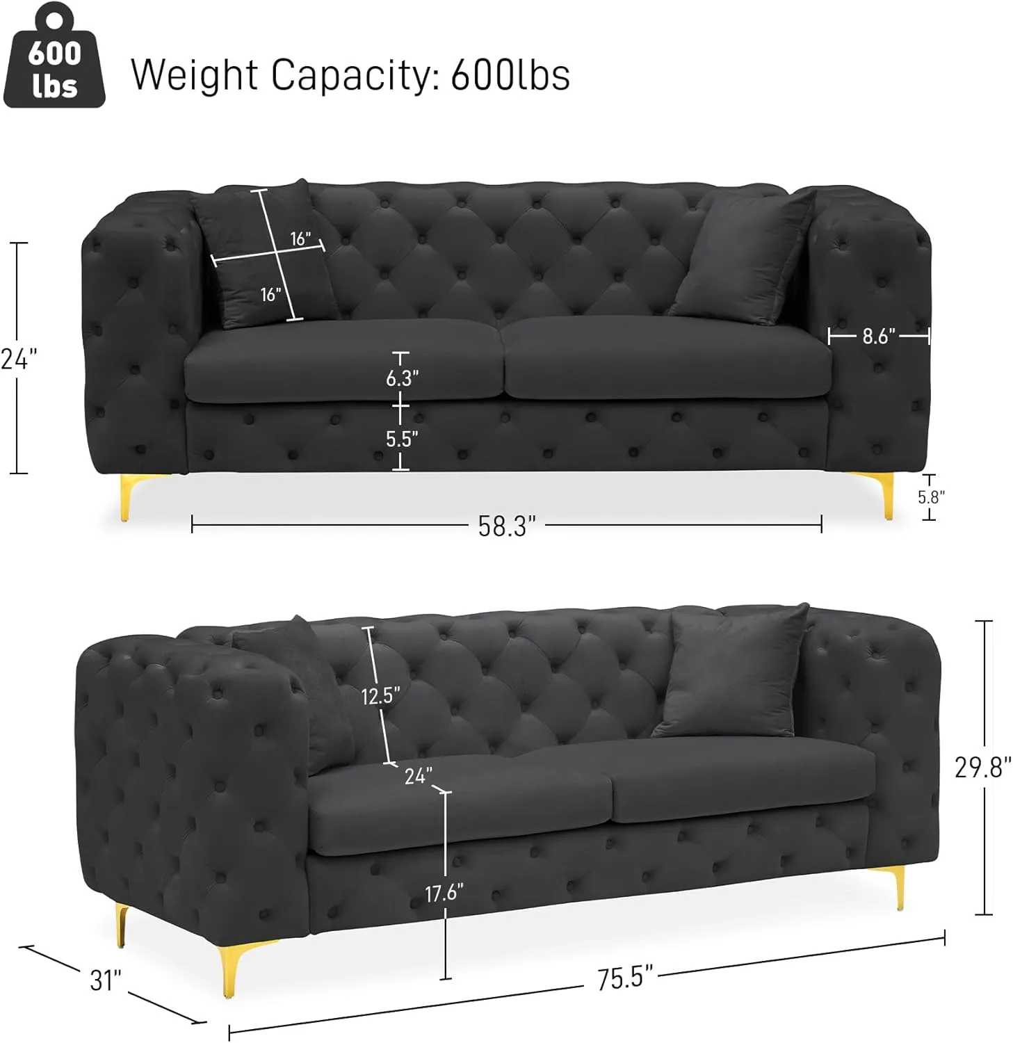 75" Sofa Couch Mid Century Modern Velvet Couch Tufted Button Sofa High Armrest & Metal Gold Legs Luxury Chesterfield Decor with 2 Piilows Comfy Loveseat for Living Room, Black