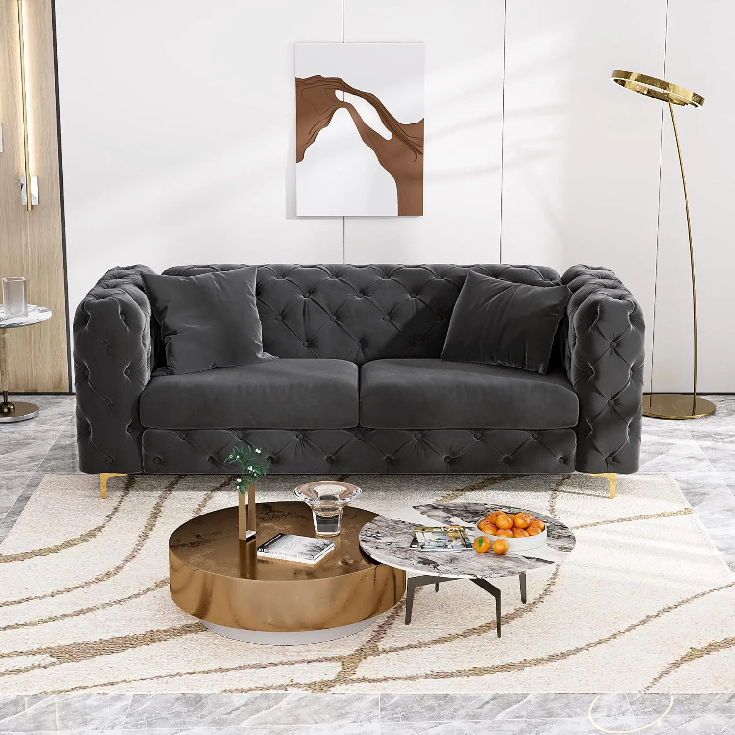 75" Sofa Couch Mid Century Modern Velvet Couch Tufted Button Sofa High Armrest & Metal Gold Legs Luxury Chesterfield Decor with 2 Piilows Comfy Loveseat for Living Room, Black