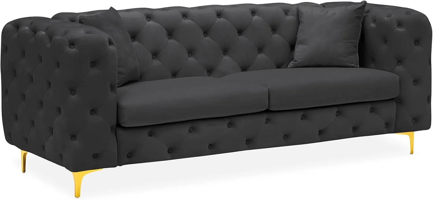 75" Sofa Couch Mid Century Modern Velvet Couch Tufted Button Sofa High Armrest & Metal Gold Legs Luxury Chesterfield Decor with 2 Piilows Comfy Loveseat for Living Room, Black