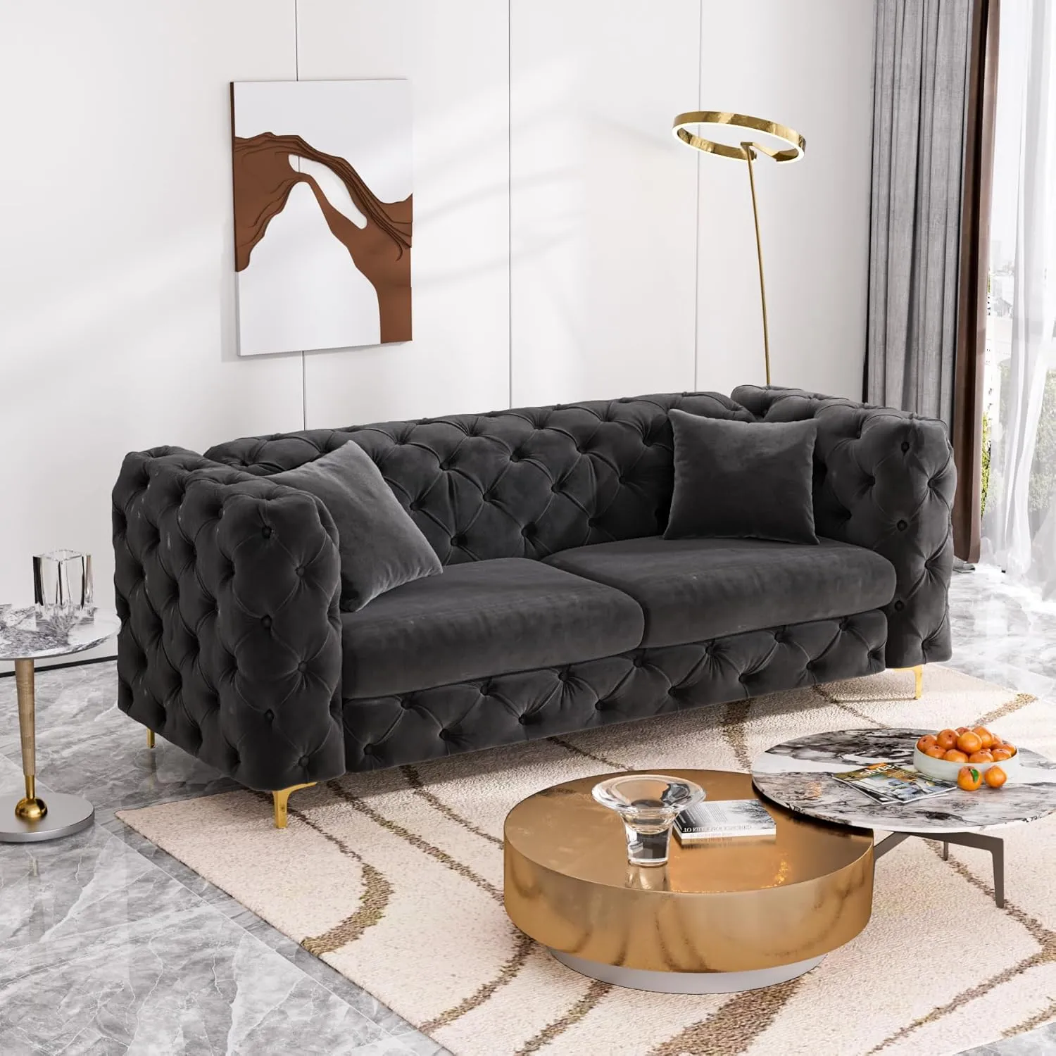 75" Sofa Couch Mid Century Modern Velvet Couch Tufted Button Sofa High Armrest & Metal Gold Legs Luxury Chesterfield Decor with 2 Piilows Comfy Loveseat for Living Room, Black