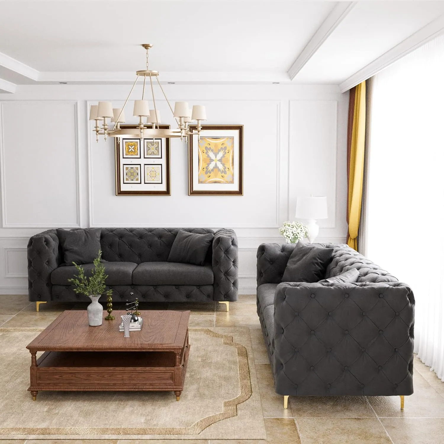 75" Sofa Couch Mid Century Modern Velvet Couch Tufted Button Sofa High Armrest & Metal Gold Legs Luxury Chesterfield Decor with 2 Piilows Comfy Loveseat for Living Room, Black