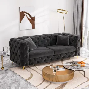 75" Sofa Couch Mid Century Modern Velvet Couch Tufted Button Sofa High Armrest & Metal Gold Legs Luxury Chesterfield Decor with 2 Piilows Comfy Loveseat for Living Room, Black
