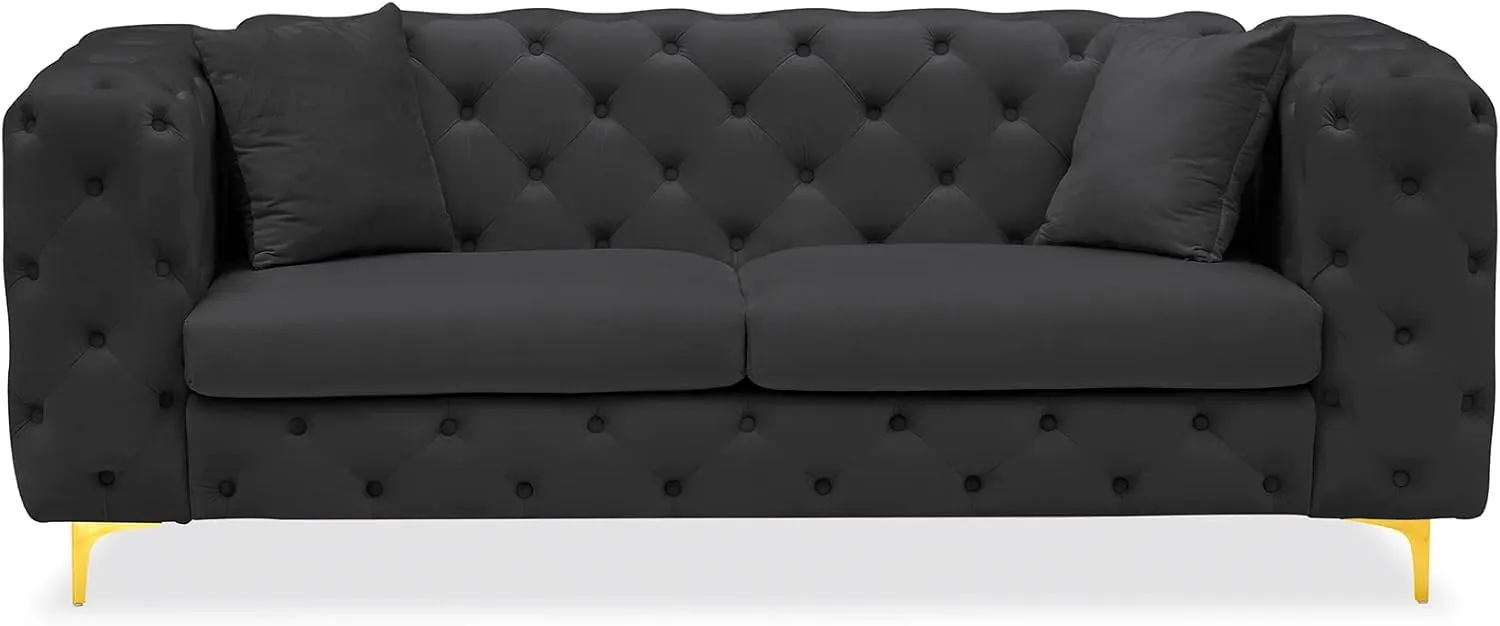 75" Sofa Couch Mid Century Modern Velvet Couch Tufted Button Sofa High Armrest & Metal Gold Legs Luxury Chesterfield Decor with 2 Piilows Comfy Loveseat for Living Room, Black