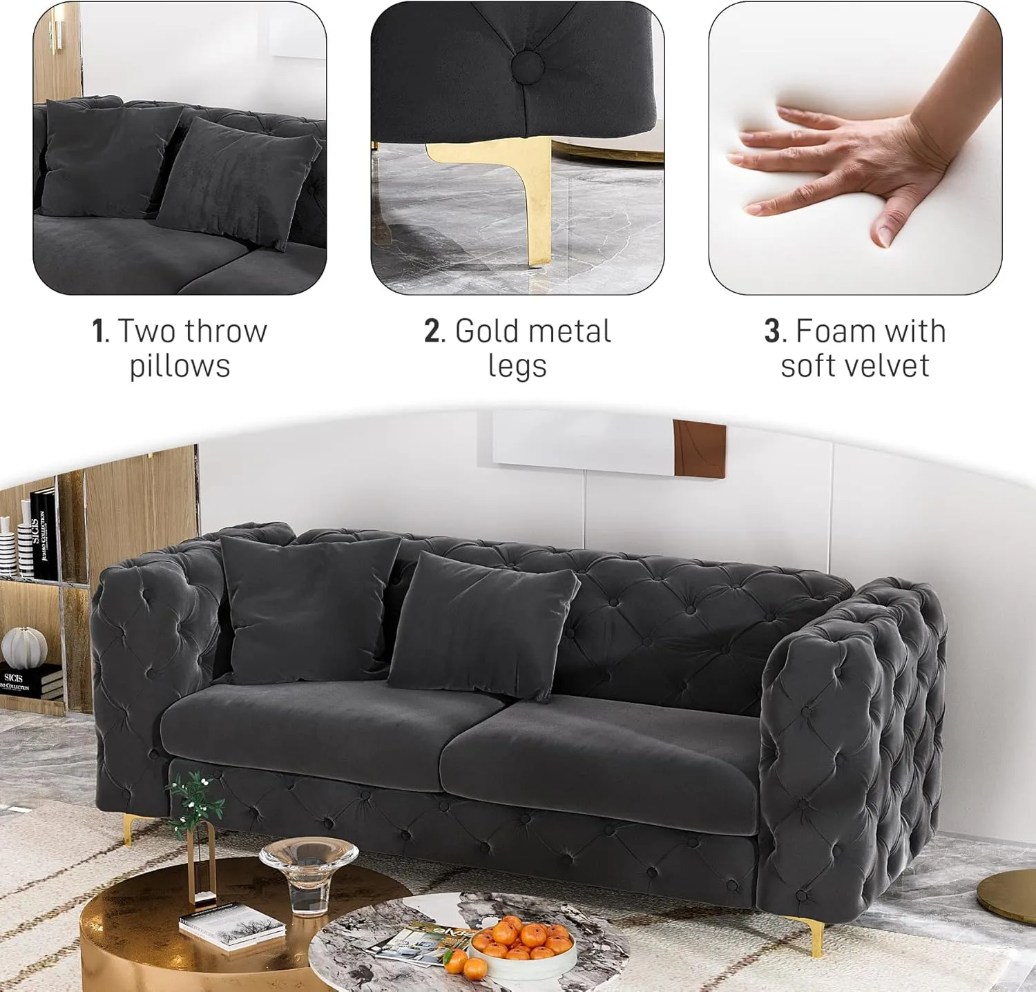 75" Sofa Couch Mid Century Modern Velvet Couch Tufted Button Sofa High Armrest & Metal Gold Legs Luxury Chesterfield Decor with 2 Piilows Comfy Loveseat for Living Room, Black