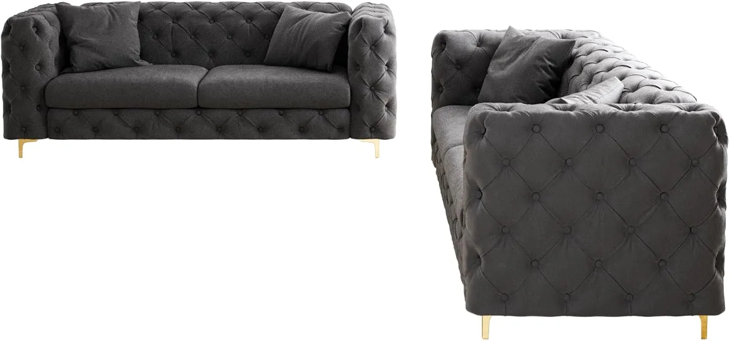 75" Sofa Couch Mid Century Modern Velvet Couch Tufted Button Sofa High Armrest & Metal Gold Legs Luxury Chesterfield Decor with 2 Piilows Comfy Loveseat for Living Room, Black