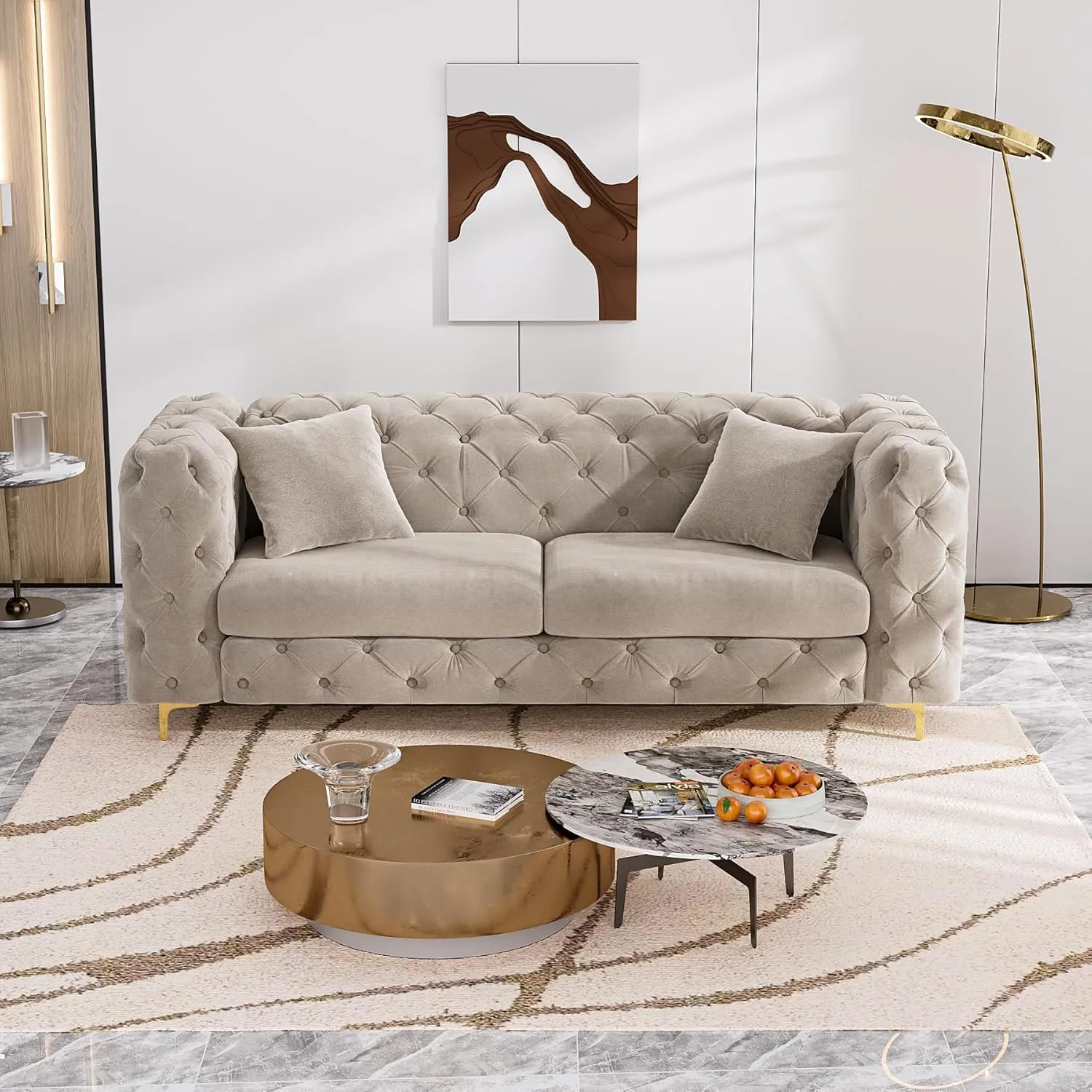 75" Sofa Couch Mid Century Modern Velvet Couch Tufted Button Sofa High Armrest & Metal Gold Legs Luxury Chesterfield Decor with 2 Piilows Comfy Loveseat for Living Room, Grey