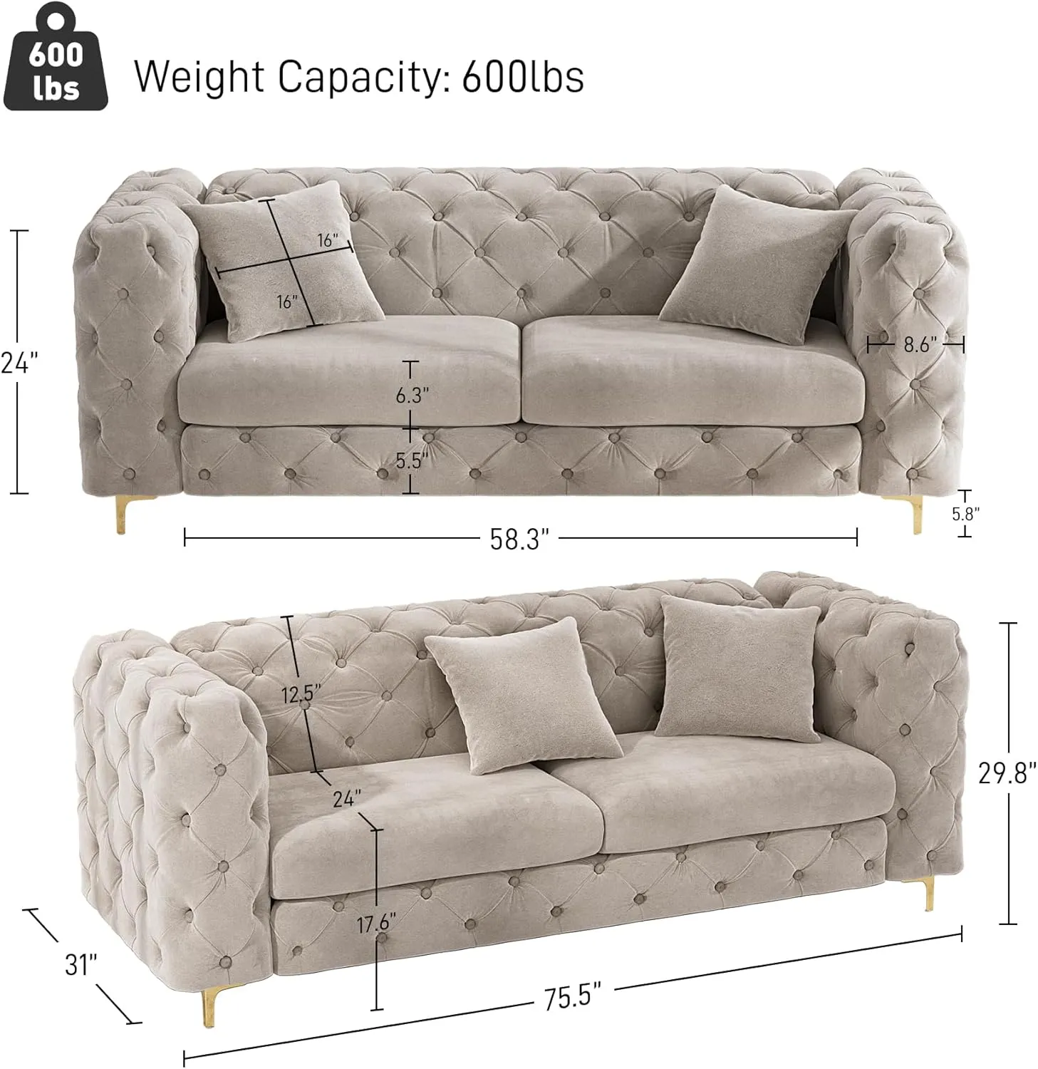 75" Sofa Couch Mid Century Modern Velvet Couch Tufted Button Sofa High Armrest & Metal Gold Legs Luxury Chesterfield Decor with 2 Piilows Comfy Loveseat for Living Room, Grey