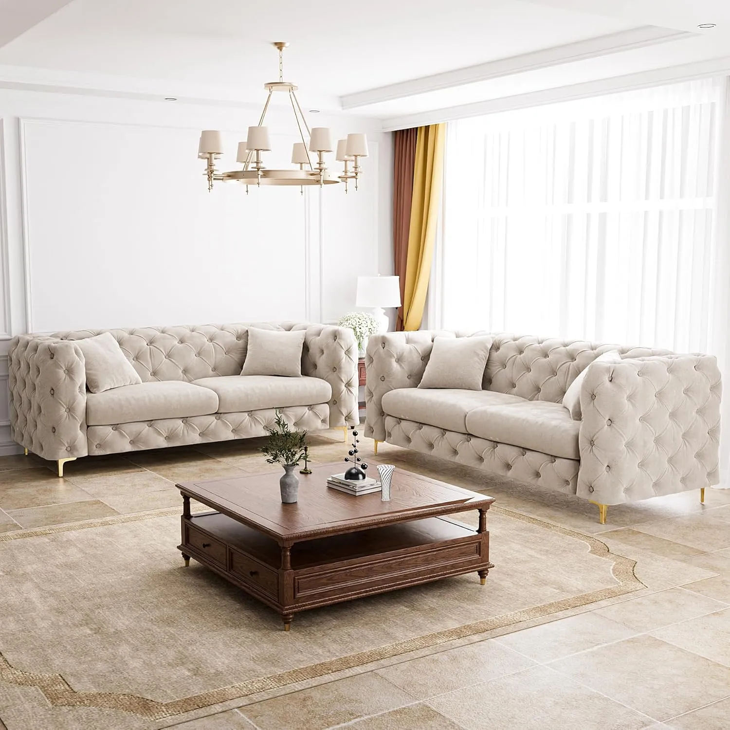 75" Sofa Couch Mid Century Modern Velvet Couch Tufted Button Sofa High Armrest & Metal Gold Legs Luxury Chesterfield Decor with 2 Piilows Comfy Loveseat for Living Room, Grey