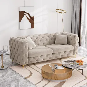 75" Sofa Couch Mid Century Modern Velvet Couch Tufted Button Sofa High Armrest & Metal Gold Legs Luxury Chesterfield Decor with 2 Piilows Comfy Loveseat for Living Room, Grey