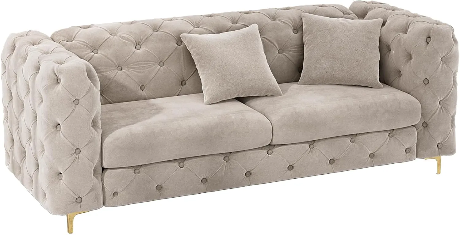 75" Sofa Couch Mid Century Modern Velvet Couch Tufted Button Sofa High Armrest & Metal Gold Legs Luxury Chesterfield Decor with 2 Piilows Comfy Loveseat for Living Room, Grey