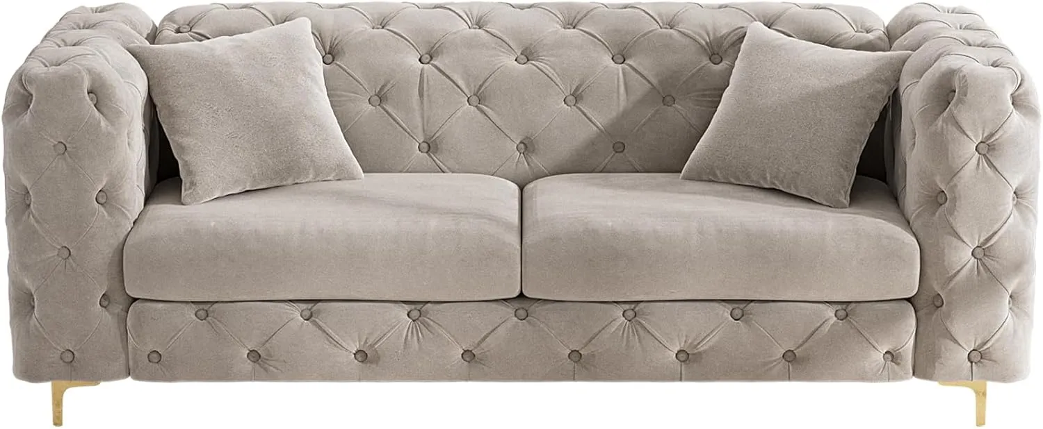 75" Sofa Couch Mid Century Modern Velvet Couch Tufted Button Sofa High Armrest & Metal Gold Legs Luxury Chesterfield Decor with 2 Piilows Comfy Loveseat for Living Room, Grey