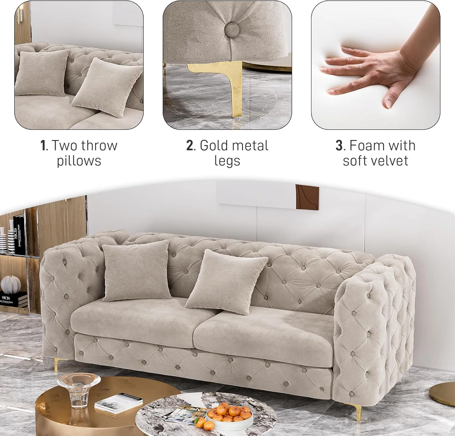 75" Sofa Couch Mid Century Modern Velvet Couch Tufted Button Sofa High Armrest & Metal Gold Legs Luxury Chesterfield Decor with 2 Piilows Comfy Loveseat for Living Room, Grey