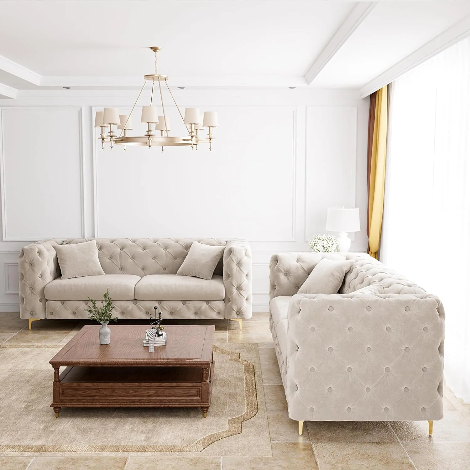 75" Sofa Couch Mid Century Modern Velvet Couch Tufted Button Sofa High Armrest & Metal Gold Legs Luxury Chesterfield Decor with 2 Piilows Comfy Loveseat for Living Room, Grey