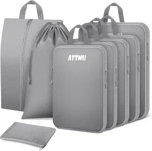 8 Set Compression Packing Cubes, Expandable Packing Cubes for Travel Essentials Accessories, Travel Compression Bags for Packing with Shoes & Laundry Bags for Carry on Luggage Suitcase (Black)