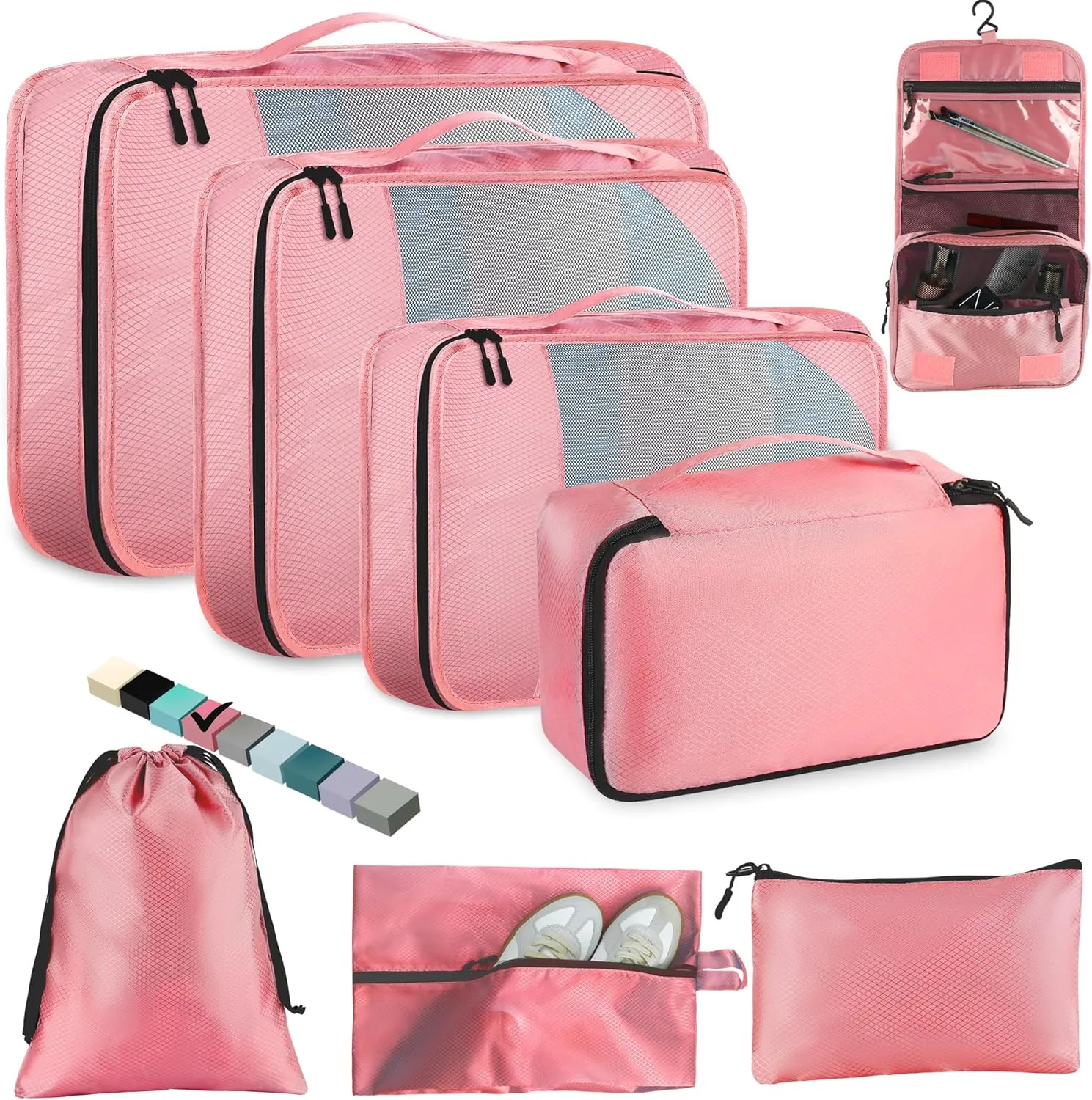 8 Set Packing Cubes for Travel Women Men Kids, Mesh Suitcase Organizer Bags Set for Luggage, 4 Sizes Extra Large, Large, Medium, Small, Travel Camping Essentials Accessories, Pink