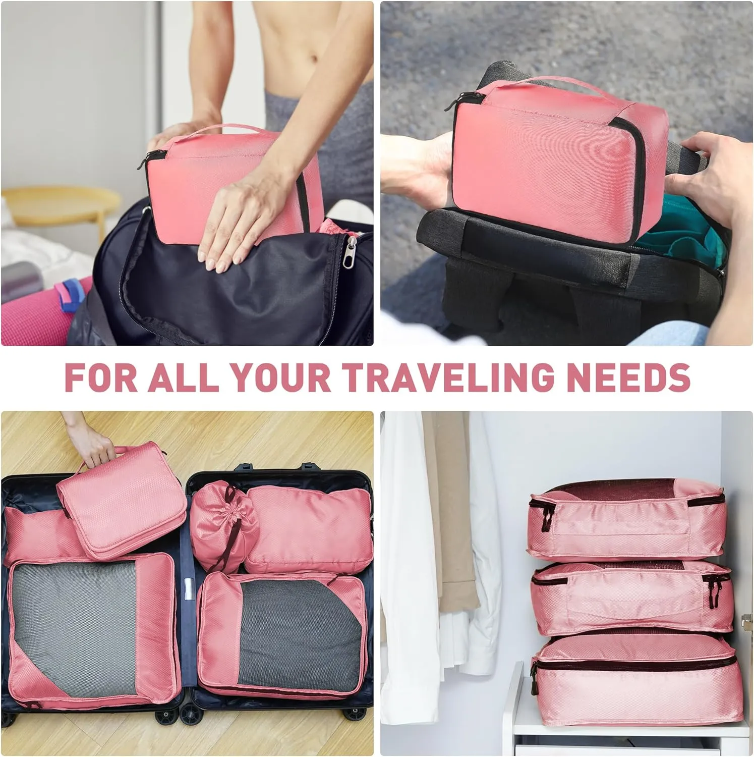8 Set Packing Cubes for Travel Women Men Kids, Mesh Suitcase Organizer Bags Set for Luggage, 4 Sizes Extra Large, Large, Medium, Small, Travel Camping Essentials Accessories, Pink