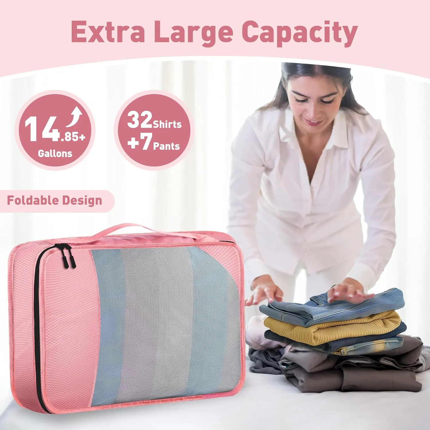 8 Set Packing Cubes for Travel Women Men Kids, Mesh Suitcase Organizer Bags Set for Luggage, 4 Sizes Extra Large, Large, Medium, Small, Travel Camping Essentials Accessories, Pink