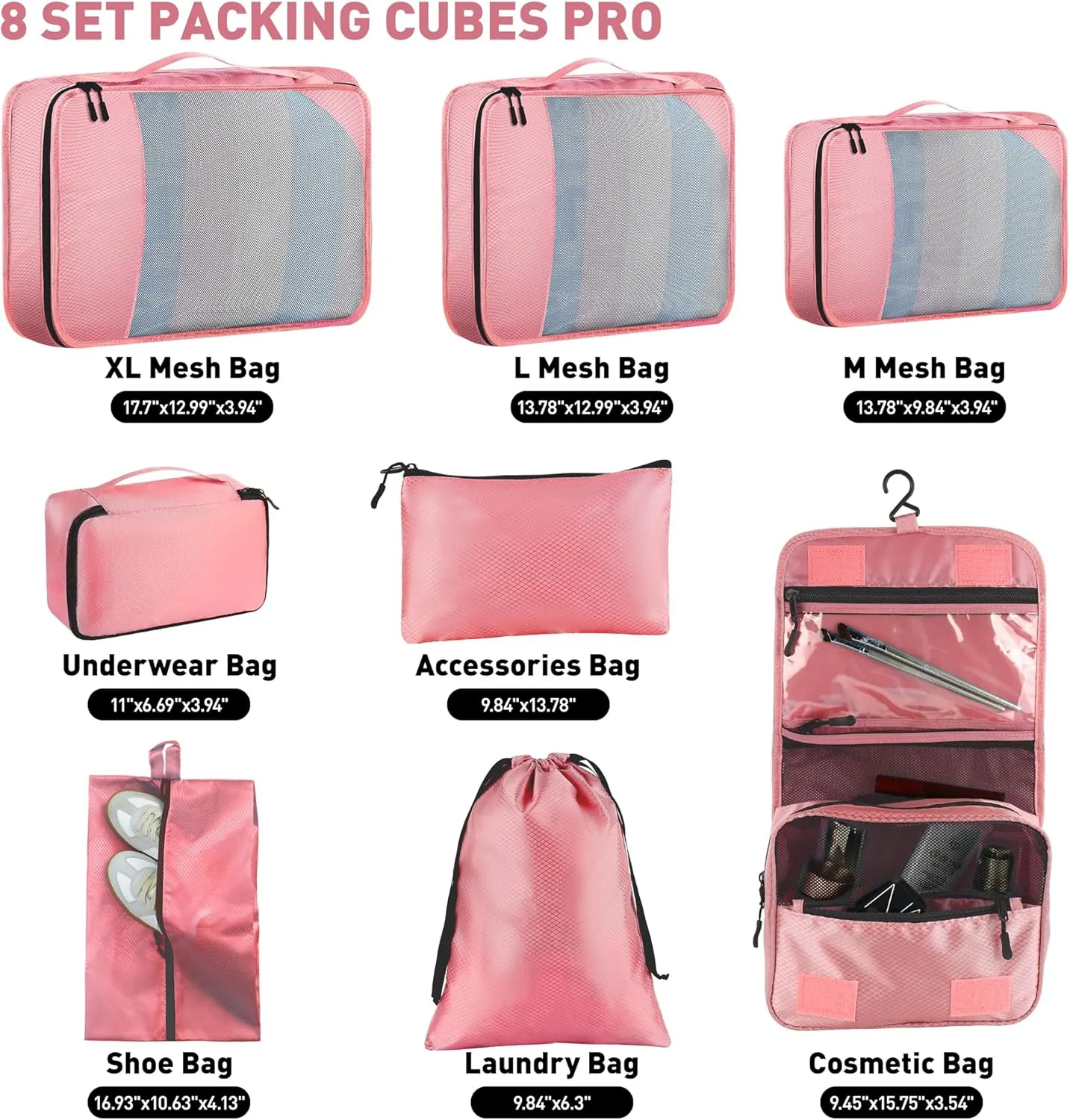 8 Set Packing Cubes for Travel Women Men Kids, Mesh Suitcase Organizer Bags Set for Luggage, 4 Sizes Extra Large, Large, Medium, Small, Travel Camping Essentials Accessories, Pink