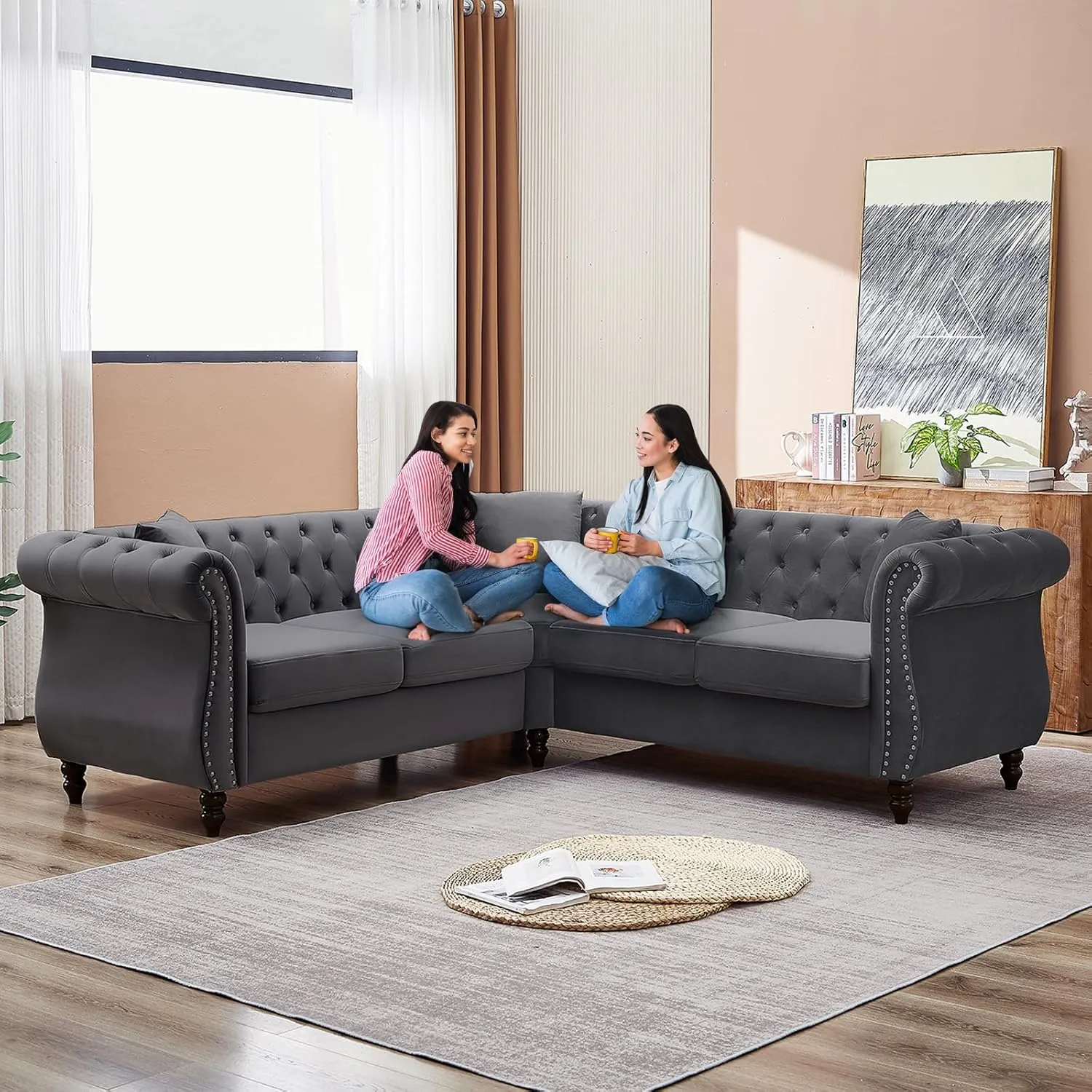 83.5" L Shaped Sofa Couch,Velvet Sectional Chesterfield Sofa,Button Tufted 5 Seat Corner Sofa,Mid Century Modern Couch with Rolled Arms&Nailhead for Livingroom,Bedroom,Apartment,Office(Grey)