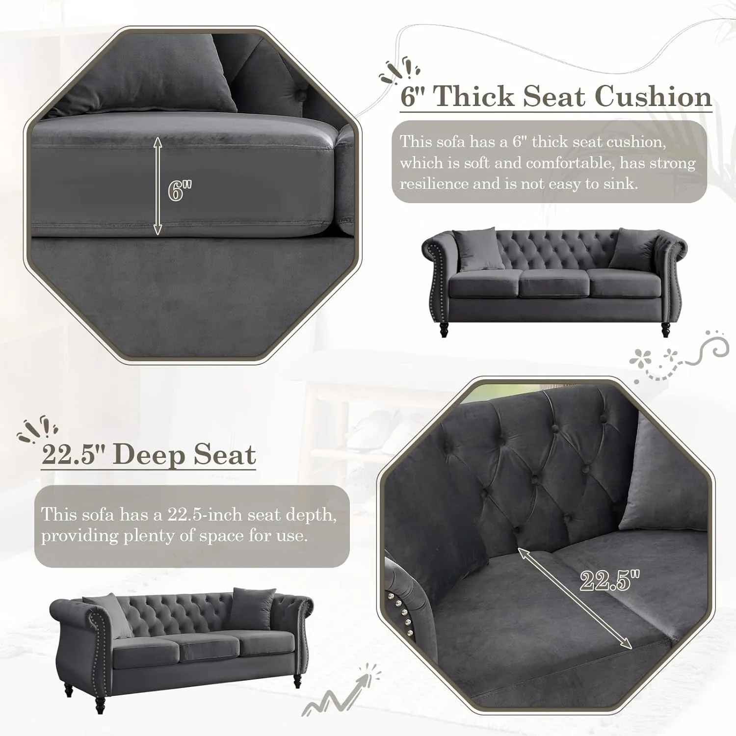 83.5" L Shaped Sofa Couch,Velvet Sectional Chesterfield Sofa,Button Tufted 5 Seat Corner Sofa,Mid Century Modern Couch with Rolled Arms&Nailhead for Livingroom,Bedroom,Apartment,Office(Grey)