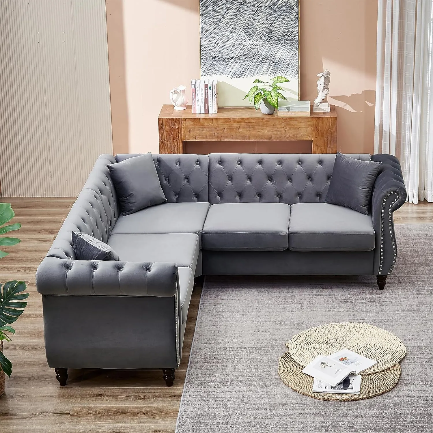 83.5" L Shaped Sofa Couch,Velvet Sectional Chesterfield Sofa,Button Tufted 5 Seat Corner Sofa,Mid Century Modern Couch with Rolled Arms&Nailhead for Livingroom,Bedroom,Apartment,Office(Grey)