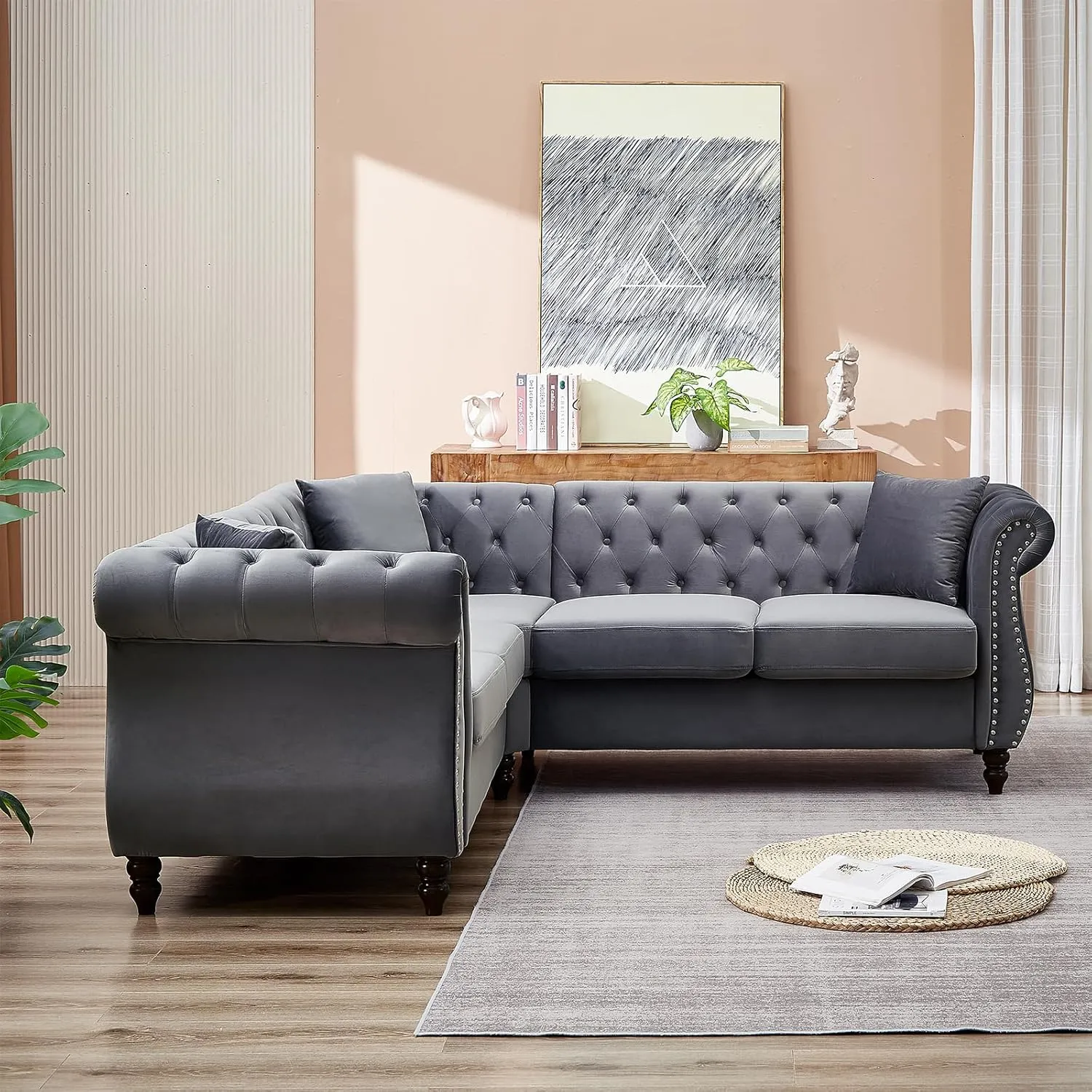 83.5" L Shaped Sofa Couch,Velvet Sectional Chesterfield Sofa,Button Tufted 5 Seat Corner Sofa,Mid Century Modern Couch with Rolled Arms&Nailhead for Livingroom,Bedroom,Apartment,Office(Grey)
